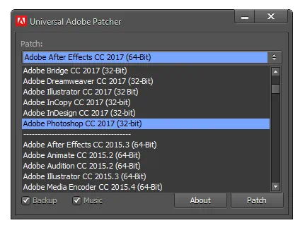 Список поддерживаемеого ПО в Universal Adobe Patcher