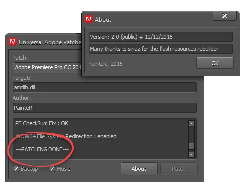 Успешная активация в Universal Adobe Patcher