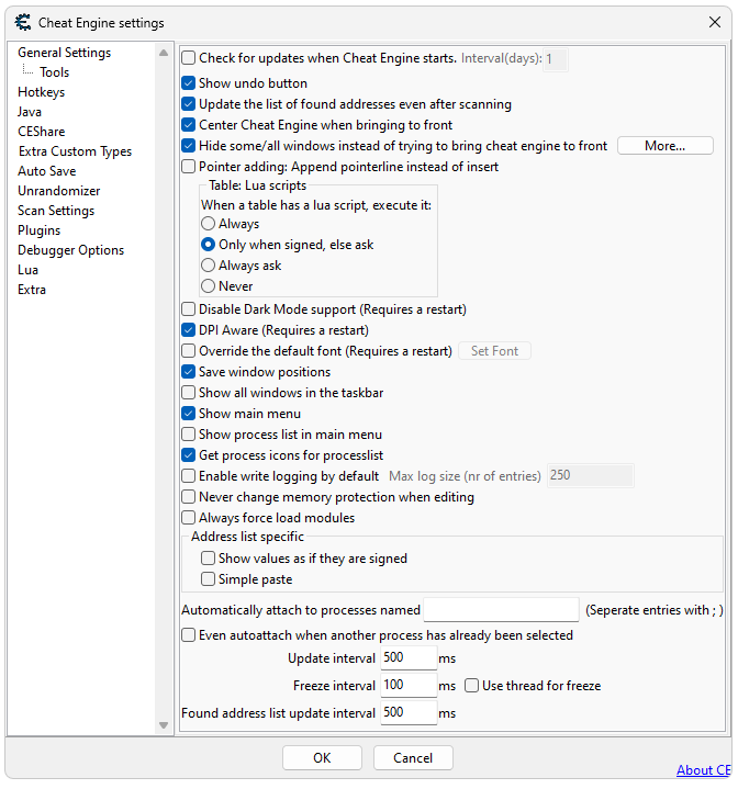 Настройки Cheat Engine